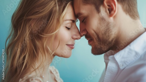 couple sharing a romantic moment, in front of a dreamy pastel blue studio background generative ai