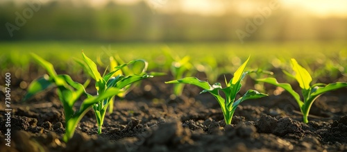 Spring brings fresh green sprouts of maize to the cultivated agricultural field, creating a soft, agricultural scene.