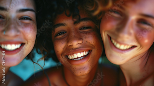 Three diverse friends with freckles smiling close-up in sunlight.