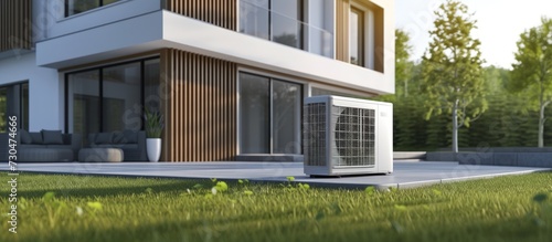 Air conditioner on outdoor side wall on modern house. AI generated image