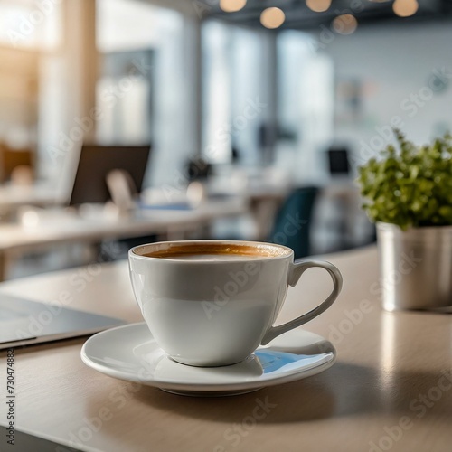 cup of coffee on desk in modern office space, shallow depth of field, minimalist look
