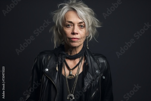 Portrait of a senior woman in leather jacket on a dark background