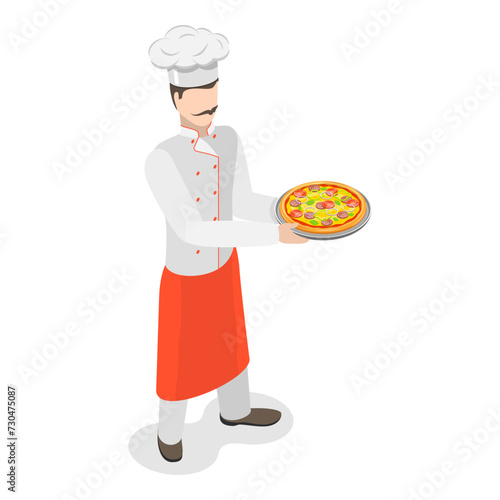 3D Isometric Flat Vector Illustration of Italian Chef  Freshly Baked Pizza. Item 3