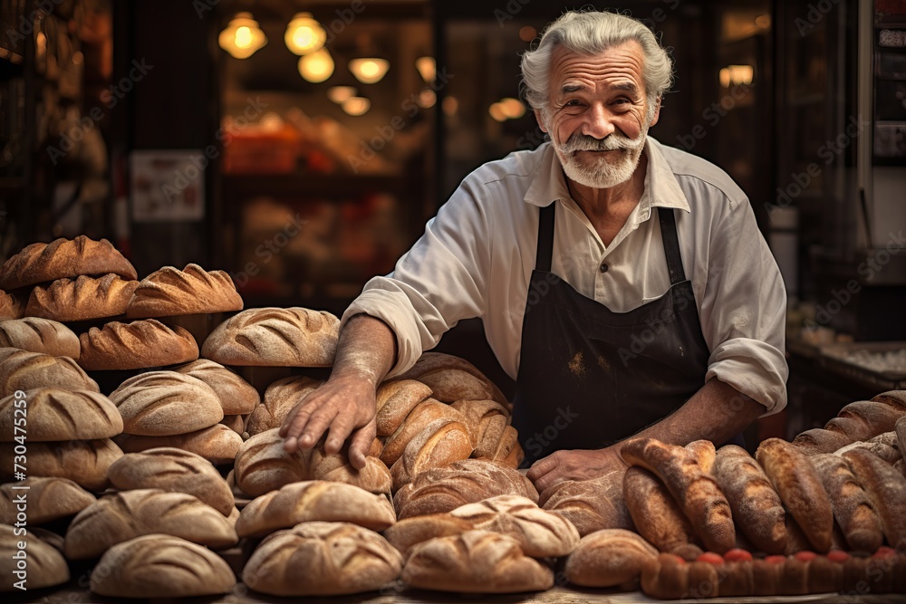 Middle-aged european baker in action, bakery with shelves bursting with freshly baked bread - obrazy, fototapety, plakaty 