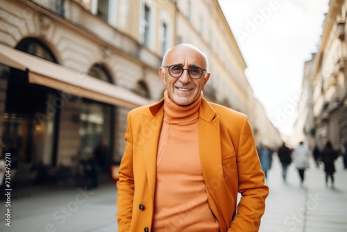 Portrait of a senior man in an orange jacket and glasses on a city street.