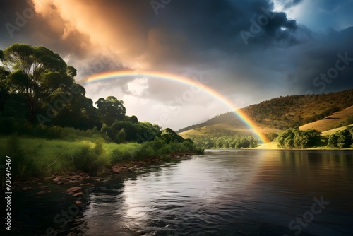 A vibrant rainbow arcs across a dramatic sky above a serene river