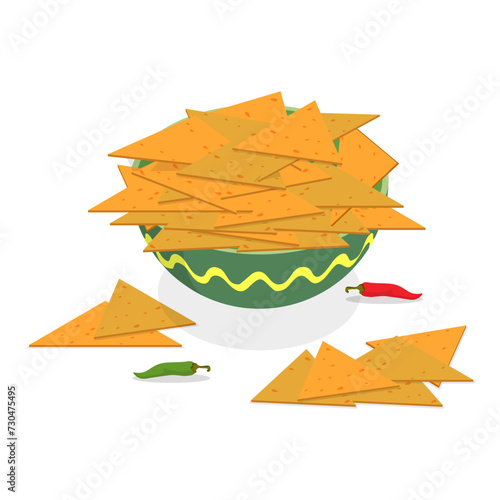 3D Isometric Flat Vector Set of Nachos, Mexican Tortilla Chips with Sauces. Item 1