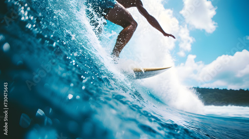 Close up of A person surfing a wave. A person surfing a giant wave. Generative AI.