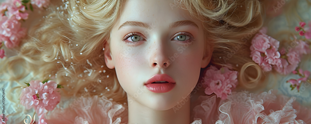 Beautiful woman lying in flowers. Fantasy girl portrait. Skincare and spa procedure concept. Perfect skin, neutral makeup. Natural beauty and health. Background for design card, banner, flyer, poster Beautiful woman lying in flowers. Fantasy girl portrait. Skincare and spa procedure concept. Perfect skin, neutral makeup. Natural beauty and health. Background for design card, banner, flyer, poster