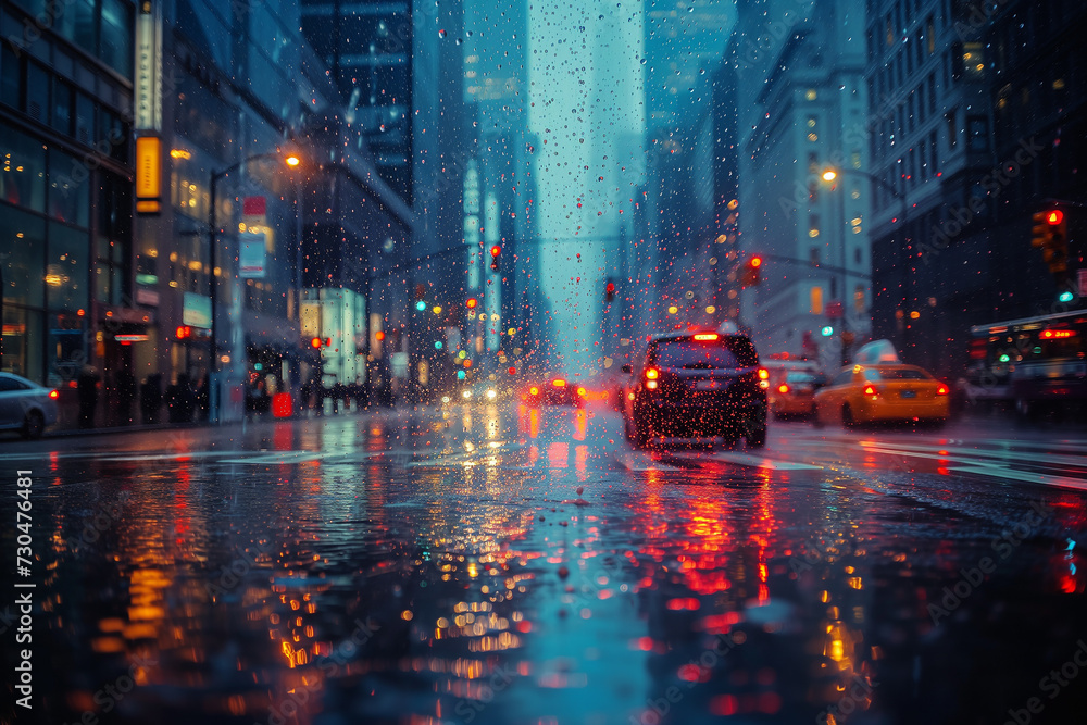 City road with cars under rain.