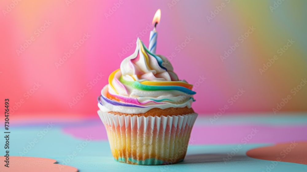 Close-up shot of a whimsical cupcake adorned with colorful swirls of frosting and a single candle, generative ai Close-up shot of a whimsical cupcake adorned with colorful swirls of frosting and a single candle, generative ai
