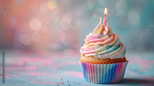 Close-up shot of a whimsical cupcake adorned with colorful swirls of frosting and a single candle, generative ai
