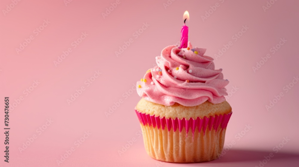 Close-up view of a delightful birthday cupcake with vibrant pink frosting, adorned with a single candle generative ai Close-up view of a delightful birthday cupcake with vibrant pink frosting, adorned with a single candle generative ai