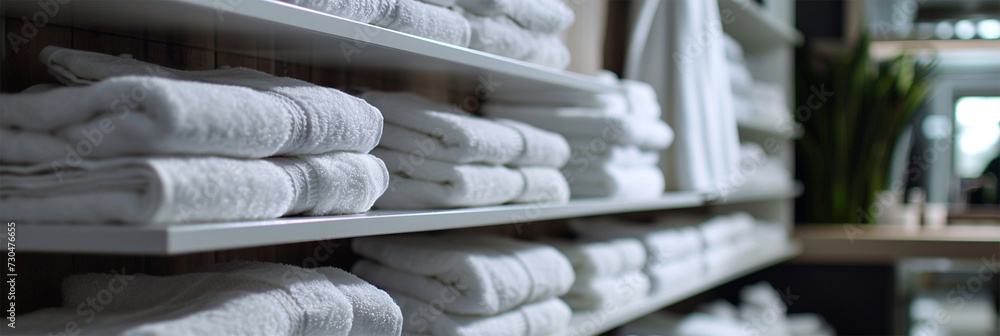 Neatly folded white towels stacked on store shelves.