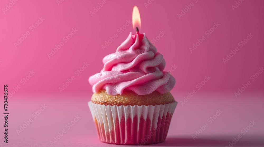 Close-up view of a delightful birthday cupcake with vibrant pink frosting, adorned with a single candle generative ai Close-up view of a delightful birthday cupcake with vibrant pink frosting, adorned with a single candle generative ai