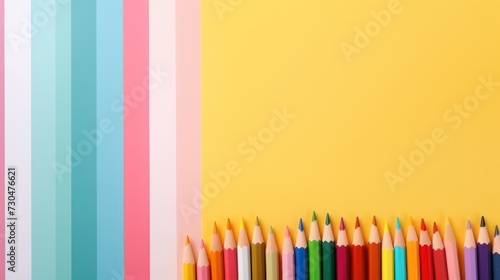 Stationary for kindergarten school children, in a flat lay style seen from above on the study table. With a bright pink color. Binder roll book and pen.