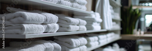 Neatly folded white towels stacked on store shelves.