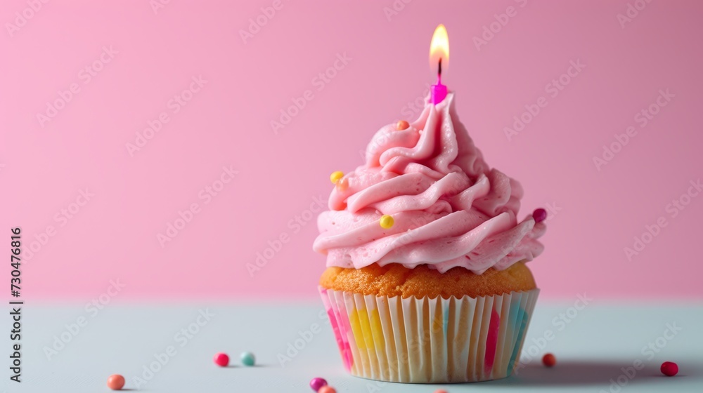 Close-up view of a delightful birthday cupcake with vibrant pink frosting, adorned with a single candle generative ai Close-up view of a delightful birthday cupcake with vibrant pink frosting, adorned with a single candle generative ai
