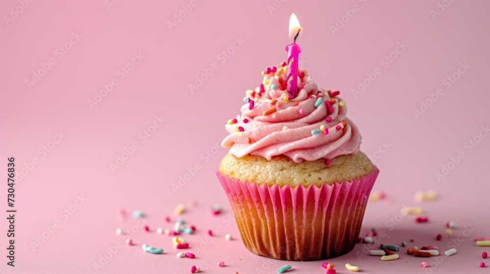 Close-up view of a delightful birthday cupcake with vibrant pink frosting, adorned with a single candle generative ai Close-up view of a delightful birthday cupcake with vibrant pink frosting, adorned with a single candle generative ai