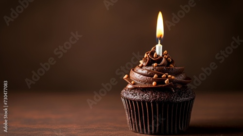 Close-up view of an enticing chocolate cupcake topped with a single candle generative ai