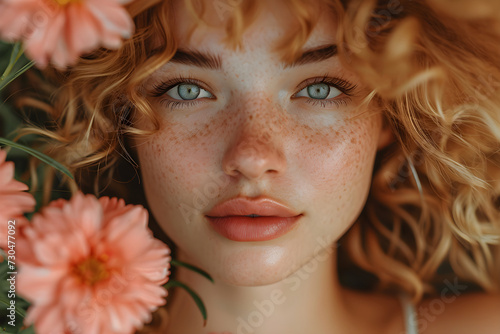 Beautiful woman lying in flowers. Fantasy girl portrait. Skincare and spa procedure concept. Perfect skin, neutral makeup. Natural beauty and health. Background for design card, banner, flyer, poster photo