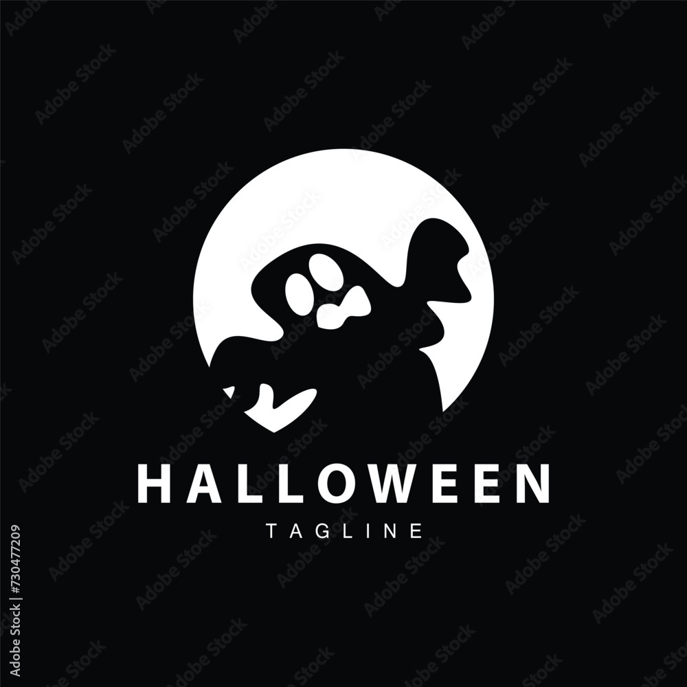Spooky Ghost Logo, Simple Halloween Cartoon Devil Design Illustration Template Black Background