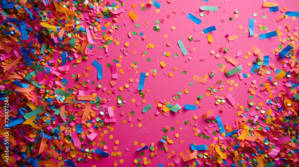 Colorful Brazilian confetti on a vibrant pink background, creating a festive and energetic atmosphere in celebration generative ai