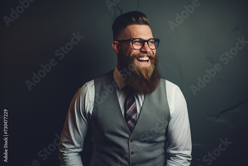 Portrait of a handsome bearded hipster man over dark background.