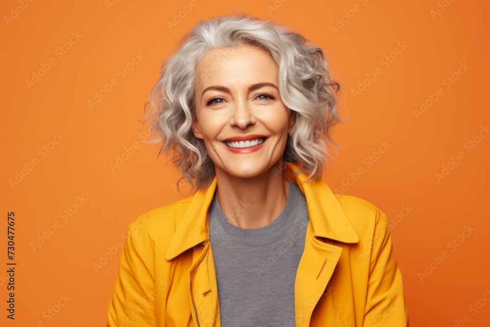 Portrait of happy senior woman in yellow jacket over orange background. Portrait of happy senior woman in yellow jacket over orange background.