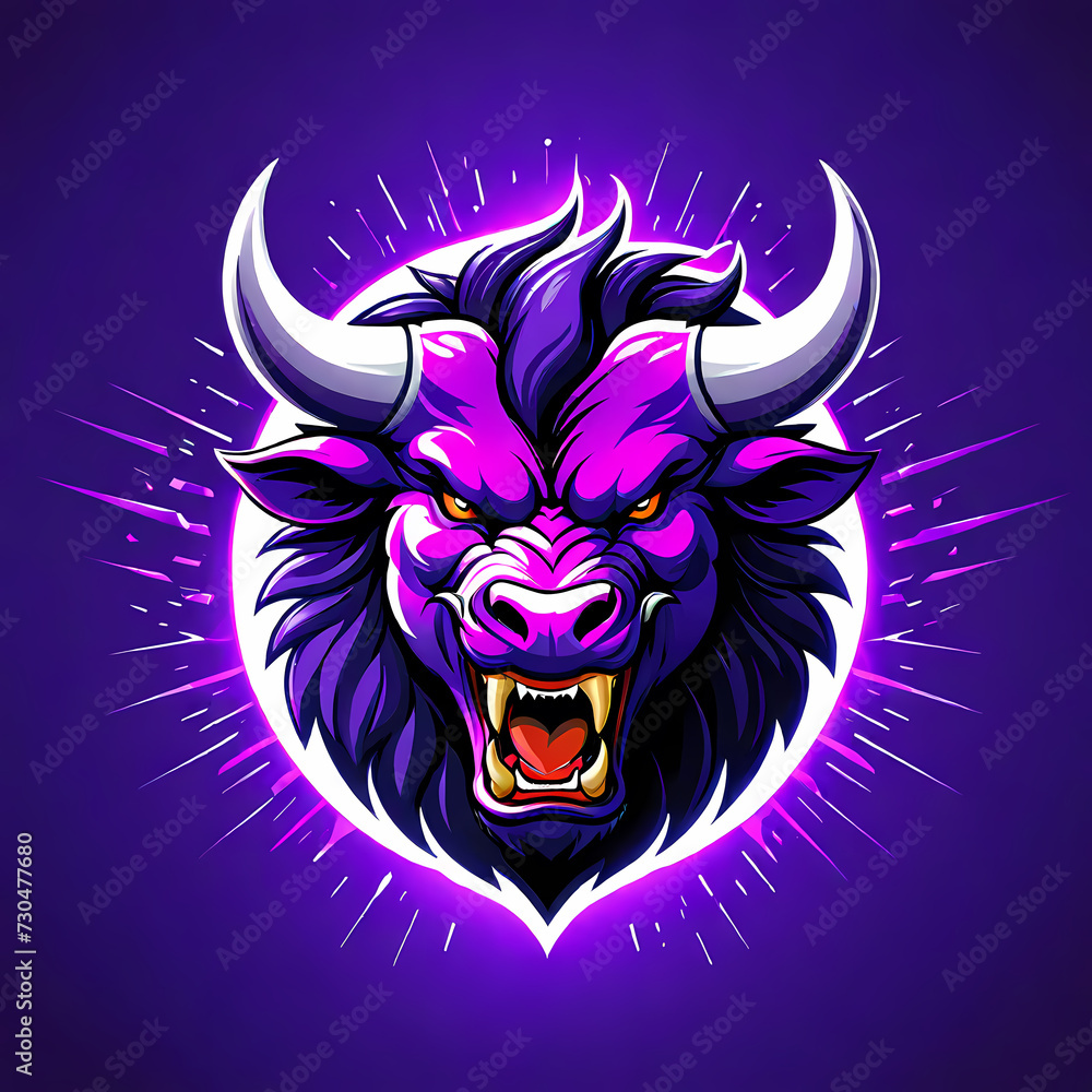 Fototapeta premium Angry red bull head mascot esport logo design. The tanker e-sport logo character with shield for sport and gaming.