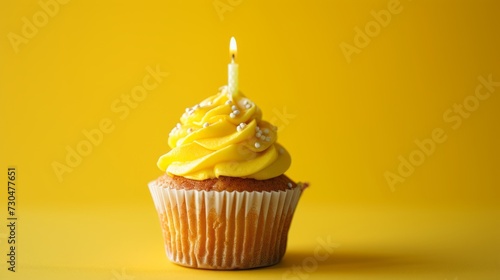 Delicious cupcake with lemon-flavored frosting and a single candle, generative ai