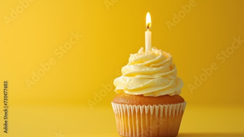 Delicious cupcake with lemon-flavored frosting and a single candle, generative ai