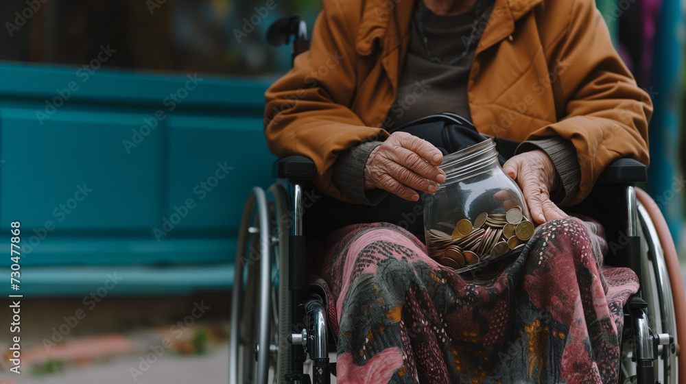 Elderly woman sitting in a wheelchair holding a jar of coins. Senior pensioner aving money. AI generated