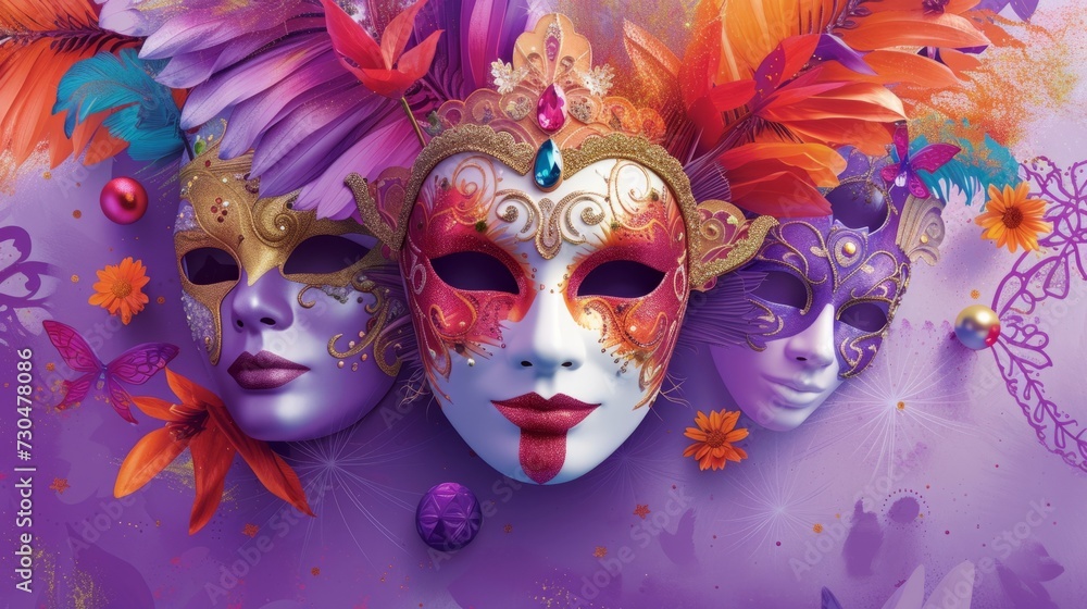 Dynamic carnival design with energetic masks and festive ornaments against a captivating lavender background, generative ai