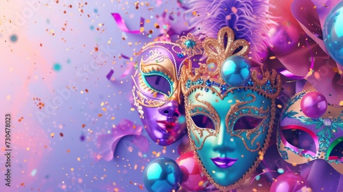 Dynamic carnival design with energetic masks and festive ornaments against a captivating lavender background, generative ai © ThisDesign