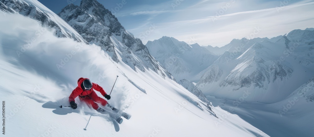 Professional skier athlete action on snow down the snowy mountains.AI generated