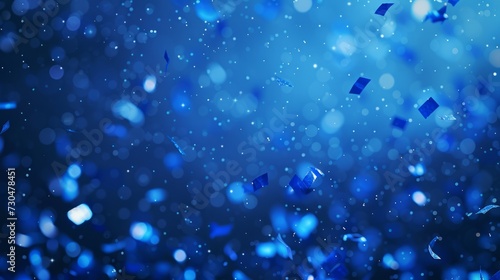 Dynamic royal blue bokeh confetti gently cascading on a deep blue background, generative ai