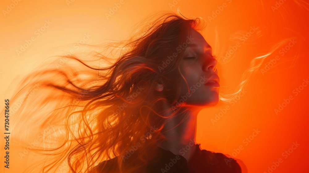 Dynamic studio capture of a woman in motion, surrounded by a bold orange background, generative ai Dynamic studio capture of a woman in motion, surrounded by a bold orange background, generative ai