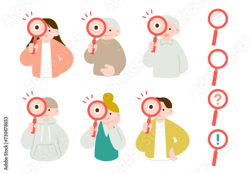 虫眼鏡を持って新しい発見をする様々な世代の人物イラストセット