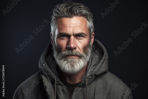 Portrait of a handsome mature man with gray beard and mustache wearing hoodie.