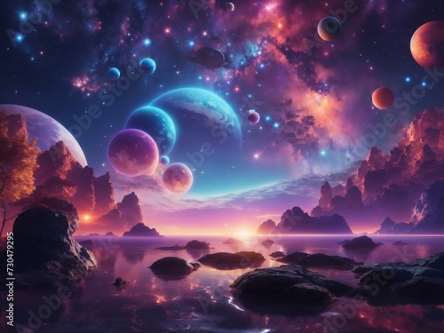 "Dreamy Celestial Landscape: Imbue Your Reality with the Mesmerizing Aura of AI-Infused Splendor, as Celestial Bodies Dance Across a Surreal Sky, Transforming Your Photograph into an Enchanting Dreams