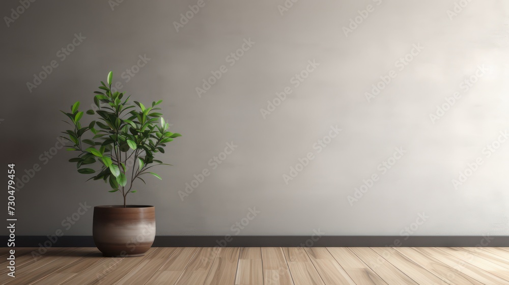 Interior design with decorative potted plants on vinyl wood floor, with cement wall background, modern minimalist house.