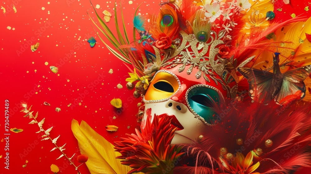 Energetic carnival composition with dynamic masks and decorations against a bold red background generative ai