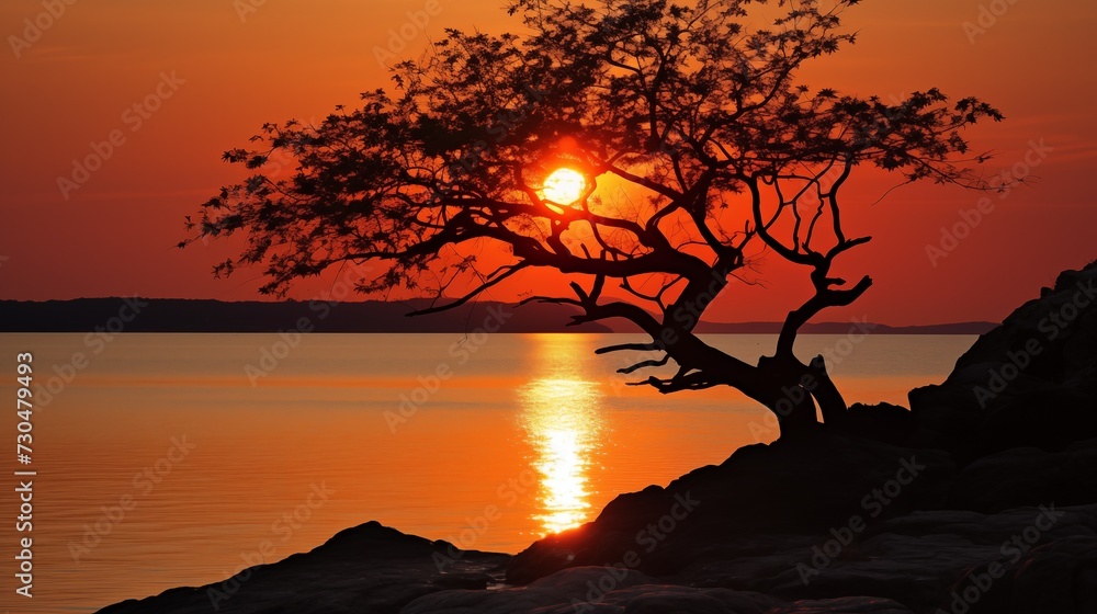 A silhouetted tree on rocky terrain by the sea, with the setting sun casting a golden path across the water A silhouetted tree on rocky terrain by the sea, with the setting sun casting a golden path across the water