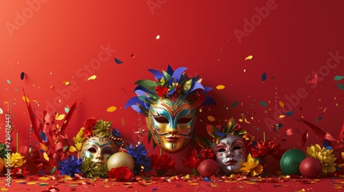 Energetic carnival composition with dynamic masks and decorations against a bold red background generative ai