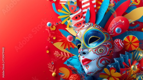 Energetic carnival composition with dynamic masks and decorations against a bold red background generative ai