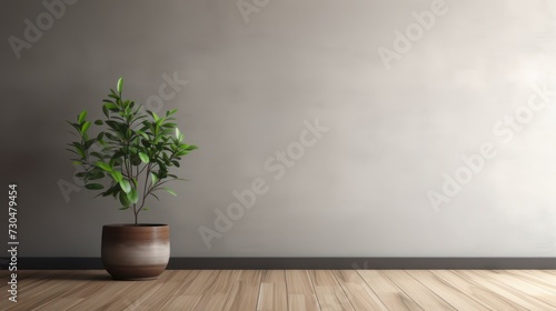 Interior design with decorative potted plants on vinyl wood floor, with cement wall background, modern minimalist house.