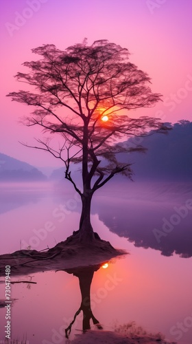 A solitary tree with pink foliage on a misty riverbank  with the sun setting behind it  reflecting in the calm water
