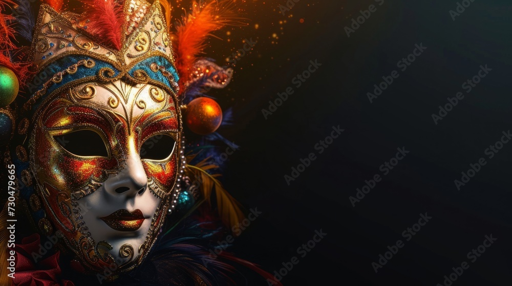 Exuberant carnival composition featuring masks and decorations in the spotlight against a dramatic black background generative ai