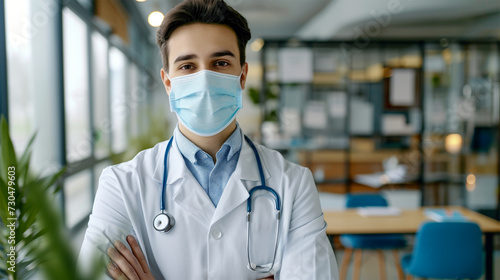 Professional male doctor with arms crossed wearing a mask in a medical clinic.